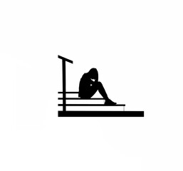 Silhouette of person sitting on steps with a slouched posture on white background