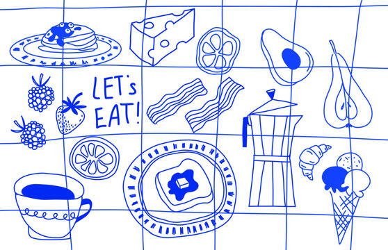 Vector Doodle Food illustration, Trendy Naive Quick sketch in blue ink. Retro Playful isolated elements. Primitive Breakfast illustrations. Cute lifestyle. Hand drawn food print. Morning picnic stuff