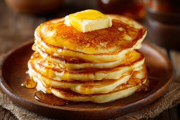 Stack of pancakes with maple syrup and butter on rustic wooden plate