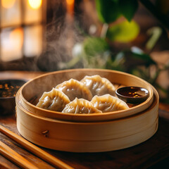 Chinese dumplings in bamboo steamer, steam rising, soy sauce dip, chopsticks, warm indoor lighting.