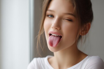 Young caucasian female winking and sticking out tongue playfully by window