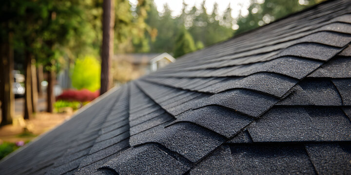 Asphalt shingle roof with ridge cap on a residential house, material, roofline
