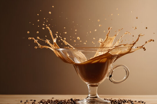 Spilled coffee captured mid-motion on beige backdrop, creating a dynamic yet clean aesthetic perfect for branding or editorial scenes