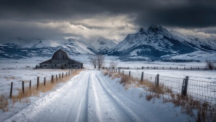 Snowy winter landscape with weathered barn and mountains
