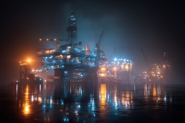 Fototapeta premium Empty oil refinery platform at night with dramatic lighting and fog, conveying industrial slowdown.