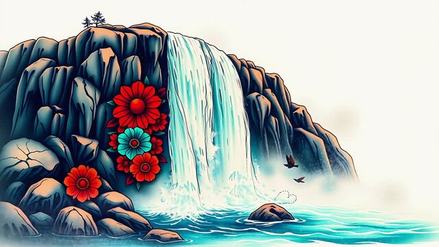 Serene Waterfall Landscape with Red and Teal Flowers