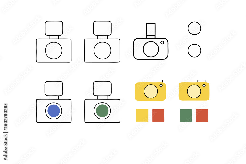 Aufkleber Conceptual illustration showcasing camera design variations and color palette options for visual branding and graphic design projects