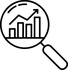 Magnifying glass revealing upward trending bar graph and line chart symbolizing business growth and analysis