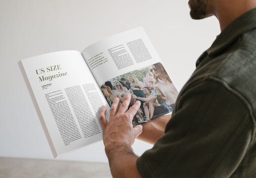 Mockup Of Man Reading Us Letter Magazine, Customizable Pages