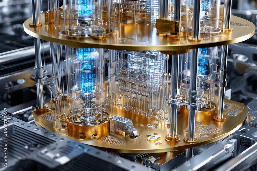 Poster innovative quantum computer with intricate components showcased in a high-tech lab environment