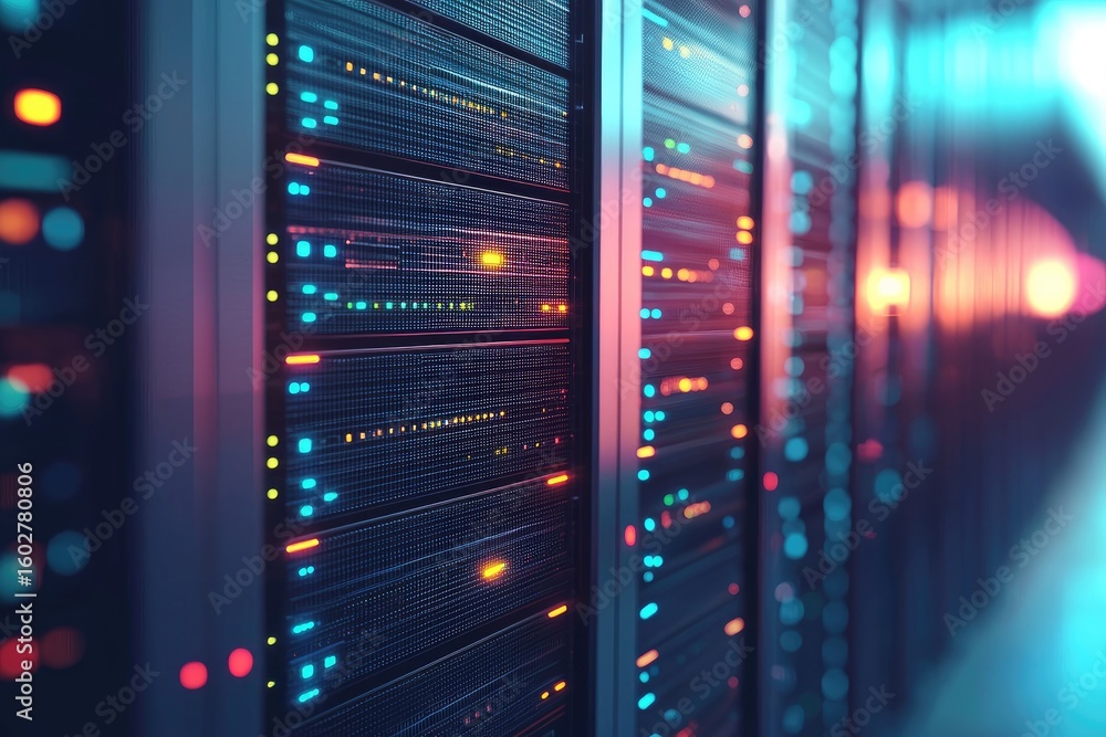 Aufkleber futuristic close-up of data center server racks glowing with vibrant blue and orange lights, symboli