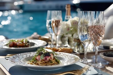 Fototapeta premium Luxurious outdoor dining on a yacht. Champagne flutes, pasta dishes, and fresh seafood