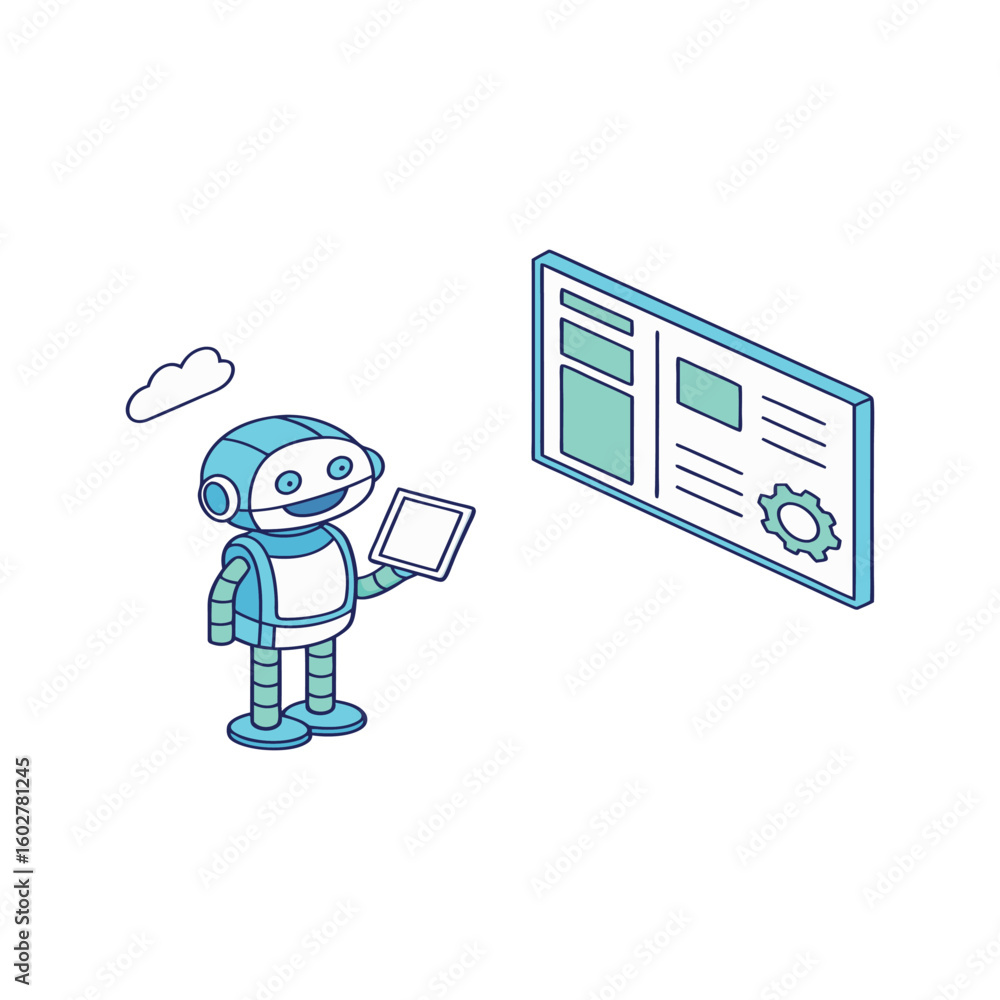 Poster isometric robot with tablet interacting with website interface vector illustration on white backgrou