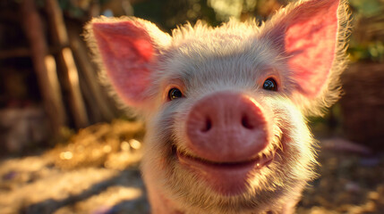 A smiling happy pig living on a farm with a clearly joyful grin on its face.
