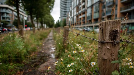 Urban Wildlife Corridor Showcasing Lush Vegetation and Fencing Elements