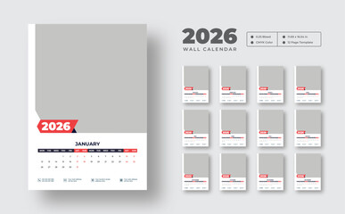 2026 monthly wall calendar template | Week starts on Monday | Editable 12-page vector planner | Clean and printable layout for scheduling