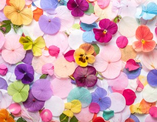 Assorted Pastel Flower Petals on White Background Flat Lay Arrangement