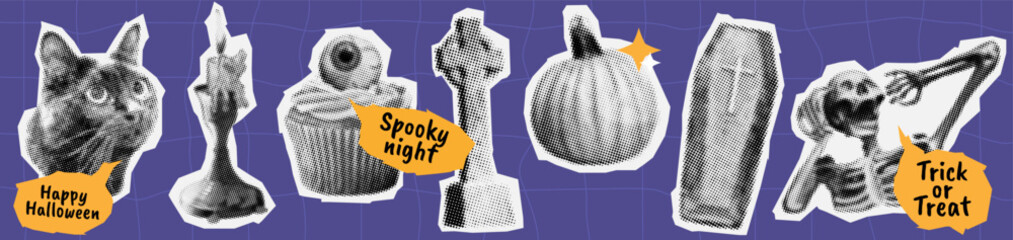 halloween halftone collage icon set. retro cut out paper elements in y2k aesthetic. cat, pumpkin, candle, skeleton, coffin, tombstone in vector dotted effect