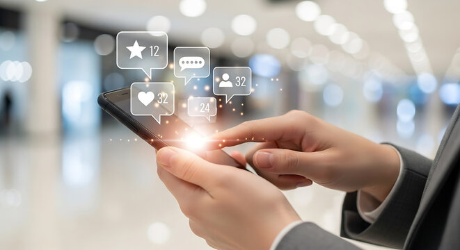 Social Media Engagement: Mobile Phone Interaction with Notification Overlays in a Modern Interior Setting.