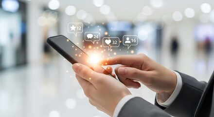 Businessperson using smartphone with social media notifications in bright, modern interior, engagement, communication, and online presence concept