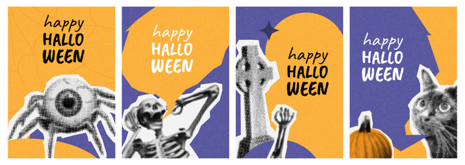 happy halloween halftone collage poster set. spooky grunge cut out elements. ripped paper style, dotted illustration. trendy holiday flyers with cat, skeleton, pumpkin, tombstone