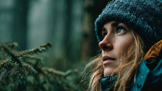young woman intently observing wildlife on a lush forest trail