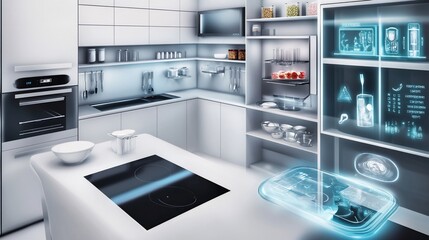 Futuristic smart kitchen with advanced technology for cooking and storage