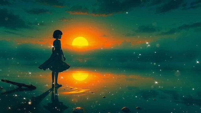 Silhouette of Girl in Dress at Sunset by Teal Water