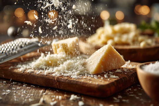 Grated parmesan cheese falling on wooden board with block and grater