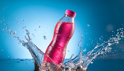 a bottle of pink soda is floating in a splash of water