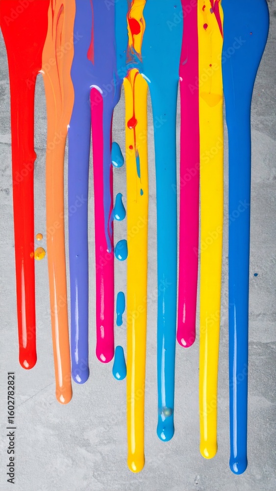Poster dripping multicolored paint streams on textured gray background full frame