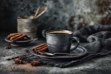 Rustic black coffee with cinnamon sticks on saucer and star anise