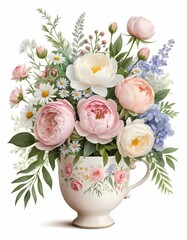 Beautiful and elegant bouquet of flowers in a arge ceramic cup, with roses, peonies and small wildflowers, flowing petals and lush greenery, romantic and serene aesthetic, wallart, stationery design