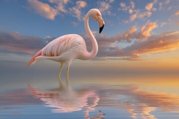 Fototapeta premium Elegant flamingo at sunset with vibrant sky and water reflection