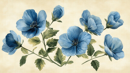 Delicate Blue Watercolor Flower Arrangement on Cream Background