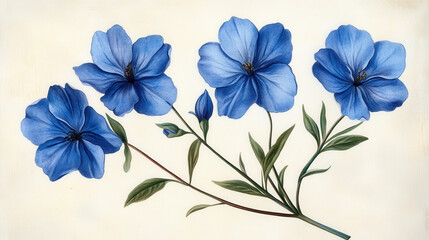 Delicate Blue Flax Flowers Botanical Illustration on Off White Background