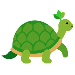 Obraz premium Cute cartoon green turtle with a leaf on its head walking