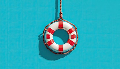 Red and white life preserver hanging from a rope against a teal wall