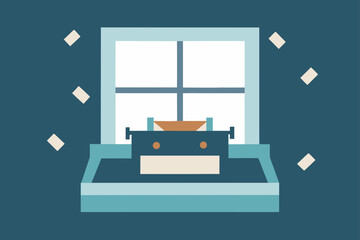 Vintage typewriter in front of a window with scattered papers
