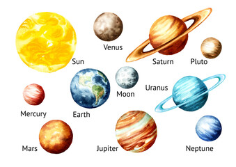 Planets of the solar system set. Hand drawn watercolor illustration isolated on white background © dariaustiugova