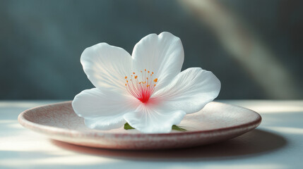 Delicate White Flower on Pink Plate in Soft Sunlight