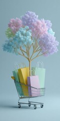 Pastel Shopping Bags Growing From a Tree in a Shopping Cart.