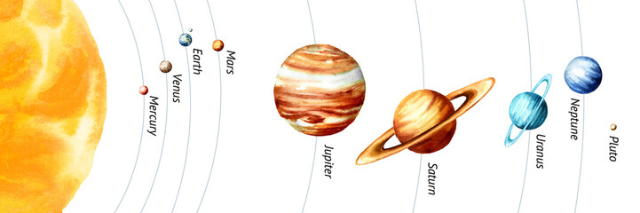 Planets of the Solar system. Hand drawn watercolor illustration isolated on white background © dariaustiugova