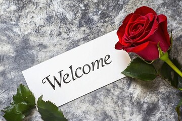 white card with the word "Welcome" written on it, next to which is an elegant red rose lying against a gray background.