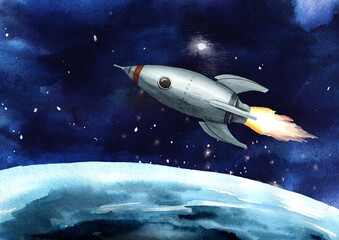 Fototapeta premium Space rocket in the space, Hand drawn watercolor illustration