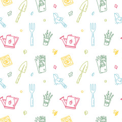 vector seamless pattern of garden tools and birds