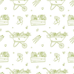 vector seamless pattern of garden tools and vegetables