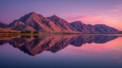 Pink Mountains at Sunset Reflected in Calm Water.