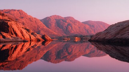 Pink Mountains at Sunset Reflected in Calm Water.