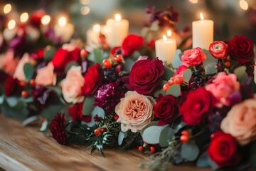 Obraz premium Elegant floral arrangement with candles for a romantic setting during an intimate evening gathering
